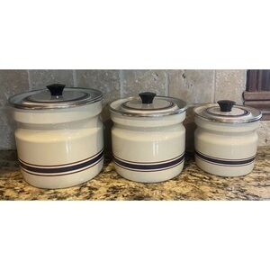 Retro 1960's \70's Cream Blue Maroon Nesting Canisters, T4